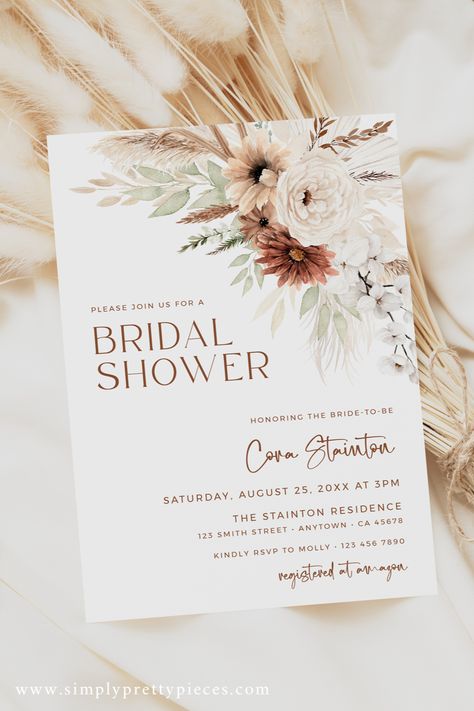 This beautiful printable bridal shower invitation features a stunning boho pampas grass design. The text is fully editable, so you can customize it to suit your needs! It's perfect for a bohemian bridal shower. Boho Wedding Shower Decorations, Bridal Shower Themes Boho, Boho Bridal Shower Ideas, Grass Printable, Terracotta Diy, Wedding Shower Invites, Boho Bridal Shower Decorations, Western Bridal Showers, Bridal Era