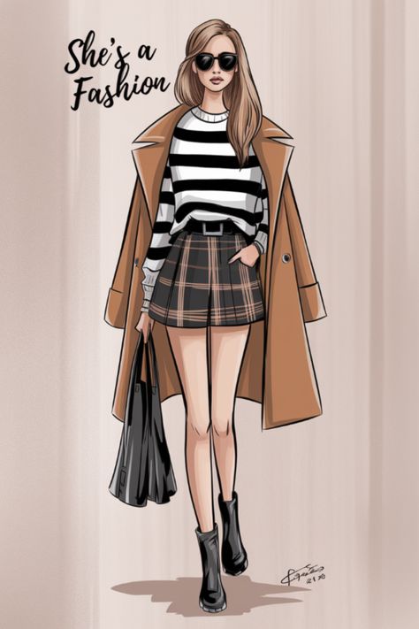 This trendy outfit drawing showcases a bold and stylish streetwear look. With a plaid mini skirt, striped sweater, and a classic camel coat, the outfit is perfect for fashion lovers looking for a blend of preppy and modern vibes. Accessorized with a sleek handbag and ankle boots, this outfit embodies the latest fashion trends. Ideal for cool, effortless style inspiration! Drawing Plaid Skirt, Plaid Skirt Tutorial Drawing, Preppy Pleated Plaid Skirt, Preppy Plaid Pleated Lined Skirt, Tartan Fashion Illustration, College Skirt, Plaid Skirt Outfit, Plaid Mini Skirt, Illustration Fashion Design