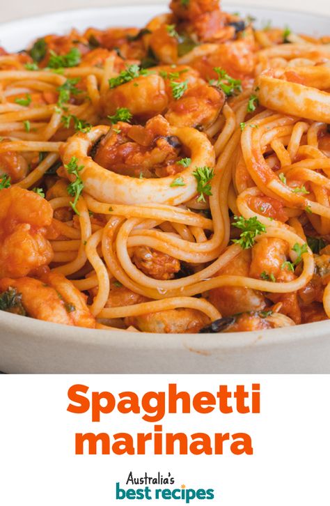 Easy and way too delicious! #pasta #spaghetti #dinner Seafood Marinara, Asian Pork Meatballs, Spaghetti Marinara, Marinara Recipe, Spaghetti Dinner, Pasta Spaghetti, Pork Meatballs, Delicious Pasta, Seafood Salad