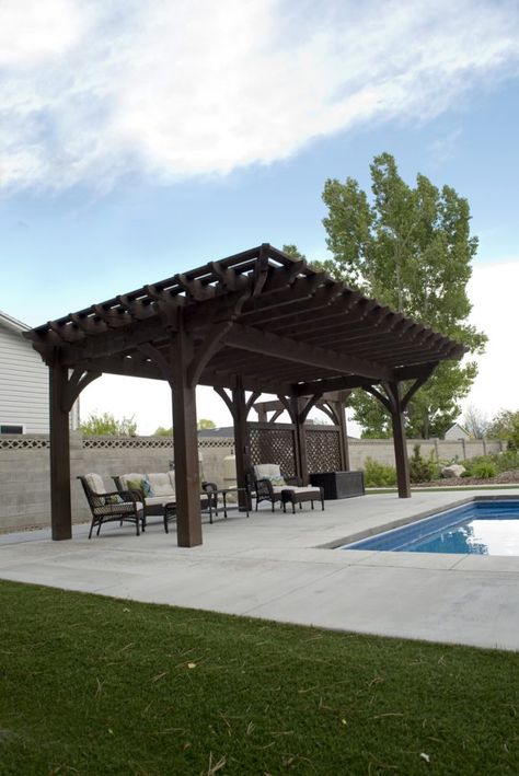 Each new project is like embarking on a new adventure. Its exciting and fulfilling to see it unfold from the sketch up to its unveiling in an impressively beautiful, more functional landscape. Timber frame pergolas are a popular shade choice, adding longer hours of enjoyment to a swimming Pool And Pergola Ideas, Pool With Pergola Ideas, Pergola Cantilever, Cantilever Roof, Poolside Pergola, Covered Pool, Timber Frame Pergola, Deck Pergola, Pool Pergola