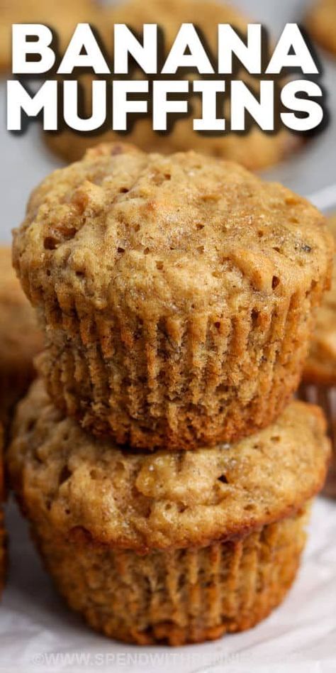 Banana Bread Muffins are perfect for breakfast or an afternoon pick me up. We love enjoying these muffins warm out of the oven with a pat of butter, but they can also be heated up in the microwave! #spendwithpennies #bananabreadmuffins #recipe #snack Banana Muffins With Butter, Banana Bread Muffins No Butter, Microwave Banana Muffin, Banana Bread Muffins Moist, Banana Muffins Recipe Moist, Homemade Banana Bread Muffins, Homemade Banana Nut Muffins, Easy Banana Bread Muffins, Banana Bread Muffins Recipe