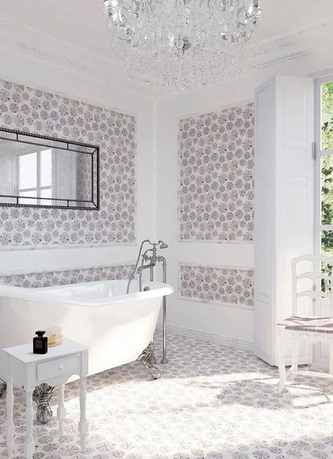 Vintage Bathroom with Flower Patterned Floor Tiles Bathroom With Marble, Waterjet Mosaic Tile, Wooden Floor Tiles, Patterned Wall Tiles, Recycled Glass Tile, Shower Floor Tile, Victorian Bathroom, Flower Tile, Hall Bathroom