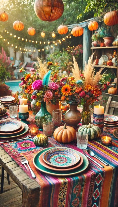 🍂 21 Stunning Fall Table Decoration Ideas That Will Transform Your Home 🍁 Patio With String Lights, Eclectic Tablescape, Mexican Table Setting, Patterned Tablecloth, Beautiful Settings, Fall Table Setting, Mismatched Plates, Breakfast Table Setting, Table Decoration Ideas