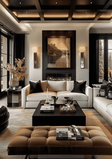 Luxurious Fireplace Living Room, Wood White Black Living Room, Ny Interior Design, New Modern Home Design, Living Room Decor Cream Walls, Big Family Living Room Ideas, Modern Luxe Decor, Residential Interior Design Living Rooms, Luxury Hotel Living Room