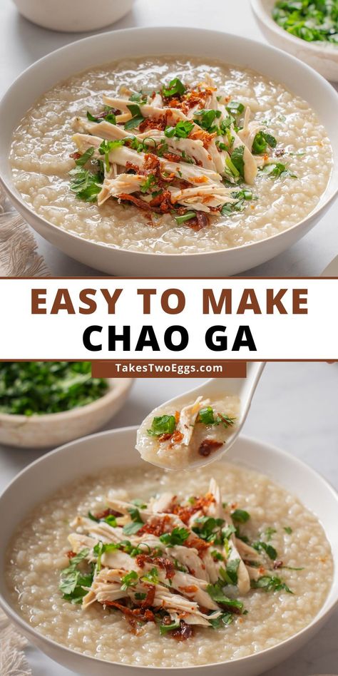 Cháo gá, or Vietnamese chicken rice porridge, is made with an aromatic chicken broth, white rice, tender shredded poached to perfection chicken, and then topped with crispy fried shallots and freshly chopped cilantro and green onion. This Vietnamese congee is simple, easy to eat, comforting and a great dinner recipe. Chao Recipe Vietnamese, Vietnamese Rice Soup, Vietnamese Chicken And Rice, Vietnamese Rice Porridge, Simple Vietnamese Recipes, Simple Food Recipes Dinner, Vietnamese Congee Recipe, Vietnamese Dinner Recipes, Easy Vietnamese Dishes