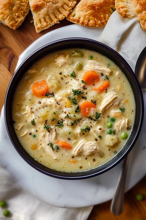 Warm, hearty, and incredibly comforting, this creamy chicken pot pie soup recipe is packed with tender chicken, fresh veggies, and flaky crust flavors. Perfect for a cozy night in. Ready to cook? Click for the recipe. #chickenpotpie #chickensoup #comfortfood #souprecipes #fallrecipes #easymeals #dinnerideas Healthy Chicken Pot Pie Soup Recipe, Chicken Pot Pie Soup Southern Living, Amish Chicken Pot Pie Soup, Chicken Pot Pie No Canned Soup, Soup Recipes With Cream Of Chicken, Chicken Biscuit Soup, Chicken Chowder Soup Crockpot, Soup With Chicken Healthy, Creamy Chicken And Veggie Soup