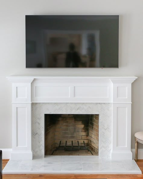 Fireplace Makeover With Tile, Marble Surround Fireplace, Fireplace Refacing, Fireplace Upgrade, Marble Hearth, Fireplace Backsplash, White Built Ins, Built In Around Fireplace, Brick Hearth