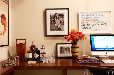 Seth Meyers Framed His Final SNL Cue Card -- Vulture Cue Card, Masculine Interior, Home Office Library, Weekend Update, Cue Cards, Seth Meyers, Grand Budapest Hotel, Dressing Rooms, His Office