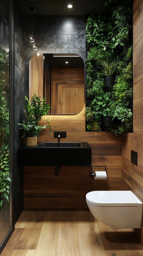 Modern half bathroom with wood-paneled wall, black sink, white toilet, mirror, vertical garden, and wooden floor. Tiny Half Bathroom Ideas, Bathroom Greenery, Black Half Bathroom, Green Powder Room, Half Bathroom Decor Ideas, Warm Wood Flooring, Half Bathroom Decor, Earthy Living Room, White Toilet