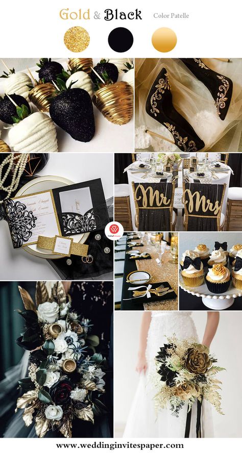 Black Gold And White Wedding, Gold And White Wedding, Wedding Color Palettes, Gold Wedding Colors, Black Gold Wedding, Nye Wedding, Gold Color Palettes, Bouquets Wedding, Wedding Floral Centerpieces