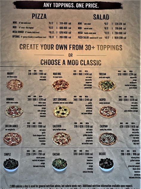 The menu at MOD Pizza has 9 choices you can change up your way or go completely with your own ingredients.  They give all the calorie counts too! #food #pizza #healthy #fastfood #italianstyle #menu #MODPizza #takeout #caloriecount #dawsonville #ga #thingstodoin Mod Pizza Ideas, Pizza Calories, Mod Pizza, Pizza Healthy, Pizza Salad, Food Pizza, Copykat Recipes, Calorie Counting, Chow Chow