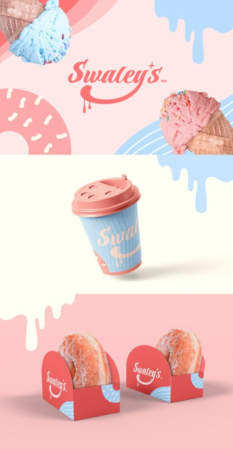 Ice Cream Stall Design, Packaging Ice Cream Design, Ice Cream Design Poster, Ice Cream Brand Identity, Ice Cream Brand Logo, Ice Cream Logo Branding, Pink And Blue Branding, Ice Cream Branding Design, Ice Cream Shop Branding