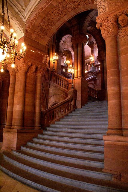 A view of the State Capitol staircase in Albany NY from the first floor looking upward. Gryffindor Aesthetic, Hufflepuff Aesthetic, Harry Potter Wall, Albany New York, Castle Aesthetic, Castles Interior, Royal Aesthetic, Hogwarts Aesthetic, Slytherin Aesthetic