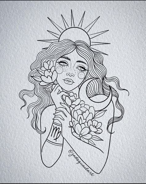 Virgo Woman Tattoo Design, Zodiac Women Tattoo, Astrological Drawings, Virgo Drawing Sketch, Virgo Coloring Pages, Virgo Women Tattoo, Virgo Drawing, Virgo Tattoo Designs, Animal Illustration Kids