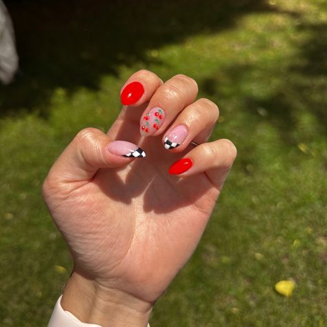 Fun summer fruit nails Fun Square Acrylic Nails, Checker Almond Nails, Almond Nails Designs Checkered, Red And Checkered Nails, Cute Summer Nails Checkered, Cherry Checker Nails, Pink And Checkered Nails, Checkered Cherry Nails, Summer Nails Cherries