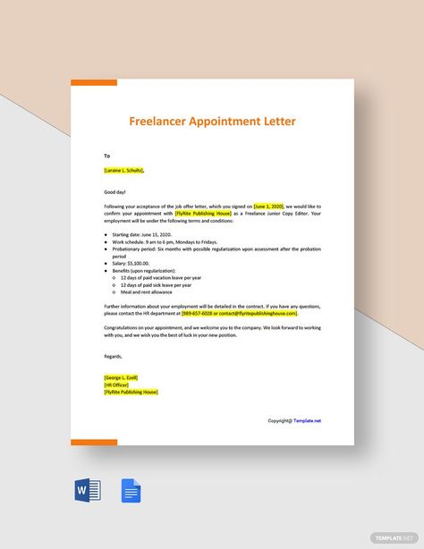 Freelancer Appointment Letter Template Job Offer Letter, Offer Letter, Letter Templates Free, Copy Editor, Work Schedule, Letter Template, Job Offer, Google Docs, Word Doc