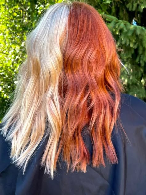 Copper Half And Half Hair, Split Dyed Hair Fall Colors, Blonde And Copper Split Hair, Split Dye Color Combos, Split Hair Color Ideas Blondes, Fashion Hair Color Trends 2023, Copper Split Dye Hair, Hair Dye Ideas Half And Half, Copper Blonde Split Dye