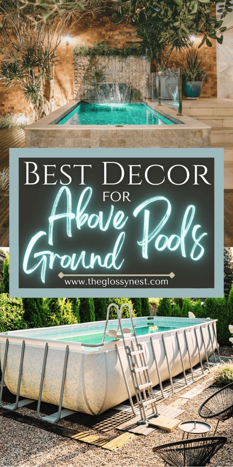 Use these above ground pool deck decorating ideas to turn your backyard pool area into a stunning place to hang out & cool off this summer! Above ground pool deck ideas for sloped or small yards, from house, hill, existing deck, with a bar, hot tub, Jacuzzi, outdoor kitchen, slide, stairs, waterfall, landscaping, pavers, lights, gazebo, cabana, pergola & grill. Epic DIY, rustic, farmhouse, luxury, modern, simple, stylish decorations for round, rectangle & oval above ground pools on a budget. Cabana Pergola, Slide Stairs, Above Ground Pool Slide, Backyard Pool Area, Landscaping Pavers, Rectangle Above Ground Pool, Pool Deck Decorating Ideas, Farmhouse Luxury, Oval Above Ground Pools