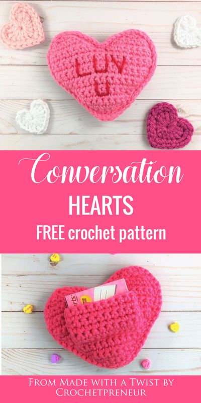 This is an adorable idea for a teacher's gift, teen gift or Valentine's Day gift for anyone. The little pocket in the back is the perfect size to hold a box of candies or, even better, a gift card! #valentinesdaycrochetpattern #freecrochetpattern #crochetgiftcardholder #teachersgift #crochetteachersgift #crochetheart #heart #conversationheart Crochet Teacher Gifts, Crocheted Hearts, Valentine Crochet, Crochet Valentines, Crochet Valentine Patterns, Crochet Valentine, Crochet Bloggers, Crochet Holiday, Heart Pillows