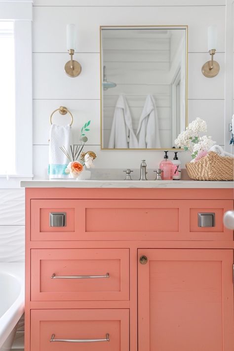 Beachy Bathroom Makeover: Coastal Decor Tips Coral Bathroom Vanity, Coral And Blue Bathroom, Coastal Bathroom Vanities, Coastal Bathroom Ideas Beach Themes, Coral Bathroom Ideas, Small Coastal Bathroom Ideas, Coastal Bathroom Vanity, Small Coastal Bathroom, Beach Theme Bathroom Decor