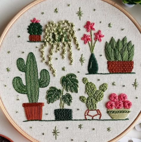 Succulent Hand Embroidery, Plant Embroidery Designs, Embroidery Plant Pattern, Embroidered Succulents, Flower Vase Embroidery, Flower Pot Embroidery, Cactus Embroidery Pattern, Easy Embroidery For Beginners, Embroidered Plants