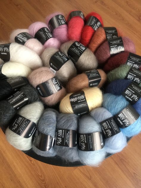 A luxurious, light brushed yarn in an exclusive mix of 75% mohair super kid and 25% mulberry silk Content: 75% Mohair, 25% Silk Yarn Group: A (23 - 26 stitches) Weight/length per ball: 25 g = approx 210 meter Recommended needle size: 3,5 mm Knitting tension: 10 x 10 cm = 23 sts x 30 rows Made in EU *Colours can vary due to monitors settings  A luxurious, light brushed yarn in an exclusive mix of 75% mohair super kid and 25% mulberry silk, DROPS Kid-Silk is feather light, and will give garments a Drops Kid Silk Mohair, Silk Yarn Projects, Mohair Sweater Pattern, Mohair Knitting, Yarn Gifts, Mohair Yarn, Metallic Yarn, Sport Weight Yarn, Mohair Wool