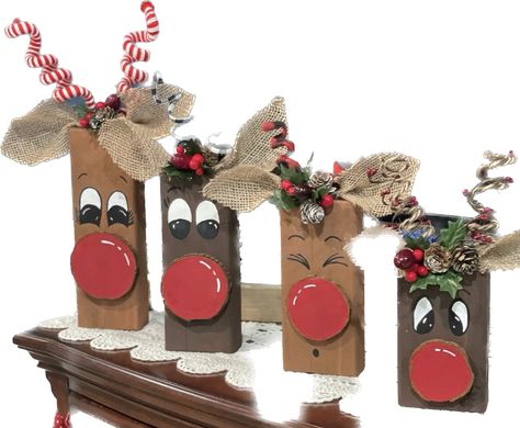 2 X 4 Reindeer, Block Reindeer Craft, 2x4 Reindeer, Wood Block Reindeer, Christmas Craft Gift Ideas, 4x4 Projects, 4x4 Crafts, Jenga Crafts, Reindeer Crafts