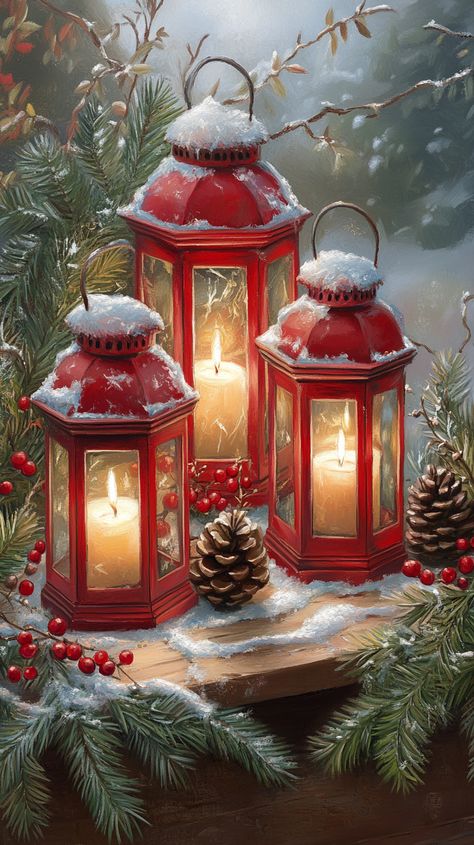 Cozy winter scene with three red lanterns on a wooden table, surrounded by evergreen branches, pine cones, and red berries. Winter Lantern Ideas, Red And White Christmas Decor, White Christmas Decor Ideas, Red Lanterns, Holiday Living Room, Snowy Christmas Tree, Red And White Christmas, Christmas Planters, Red White Christmas