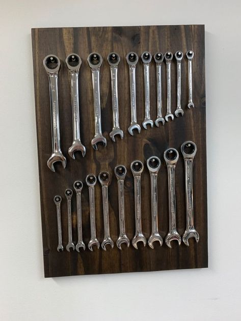 Ratchet wrench organizer | Wrench organizer, Tool storage, Tool organization Wall Tool Organizer, Wrench Storage, Wrench Organizer, Tool Wall, Deep Cleaning Hacks, Socket Organizer, Shed Organization, Tool Bench, Tool Cart