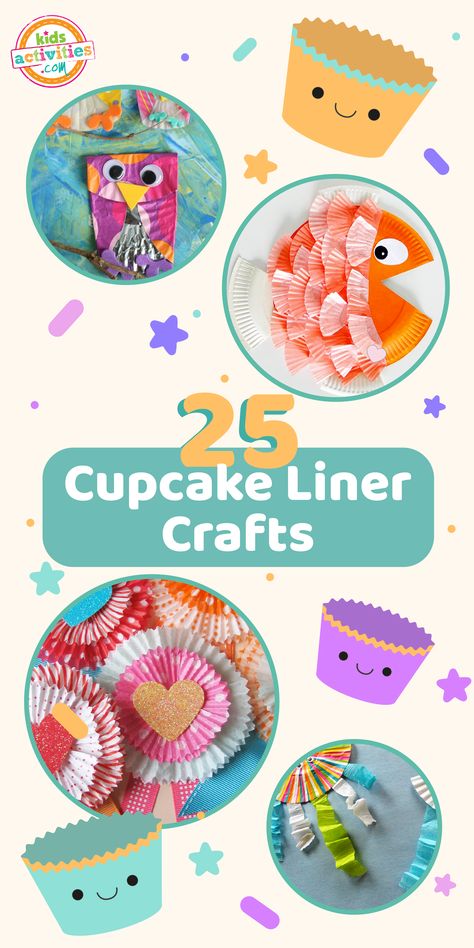 Cupcake liner crafts are simple, easy, and great for toddlers and preschoolers. You can make almost anything from them like flowers, animals, and so much more! Here are 25 cupcake liner ideas for you! Cupcake Liner Art, Cupcake Liner Crafts For Kids, Liner Ideas, Cupcake Liner Crafts, Cupcake Liner Flowers, Kid Cupcakes, Cupcake Art, Toddlers And Preschoolers, Paper Cupcake