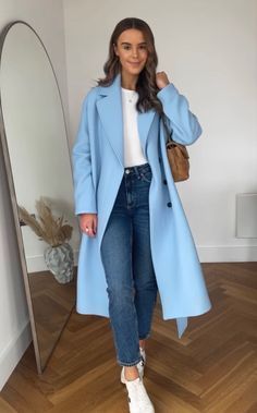 Light Blue Overcoat Outfit Women, Blue Coatigan Outfit, Light Blue Peacoat Outfit, Light Blue Peacoat, Light Blue Long Coat Outfit, Light Blue Coat Outfits For Women, Light Blue Wool Coat Outfit, Light Blue Jacket Outfits For Women, Blue Pea Coat Outfit