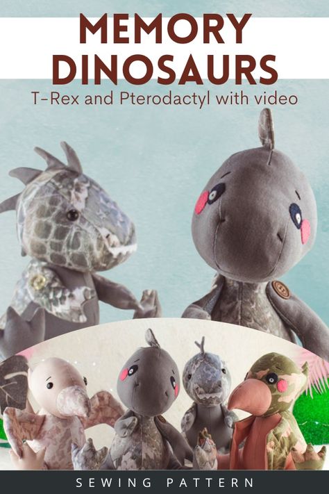 Memory Dinosaurs sewing pattern (T-Rex and Pterodactyl with video). Nows your chance to recycle and create memory dinosaurs T-Rex raptor and Pterodactyl plush toys. You can make new toys with old clothes using the designer's step-by-step pattern and tutorial. The designer even includes a free video tutorial including special detailed close-up videos for the tricky parts. ou'll be given a lot of options that will allow you to personalize these dinosaur toys quite a lot. You can choose between two Lovey Sewing Pattern, Memory Bears Pattern Free, Diy Plush Toys, Memory Bears Pattern, Bear Patterns Free, Handmade Stuffed Toys, Diy Sewing Gifts, Soft Toy Patterns, Free Pdf Sewing Patterns