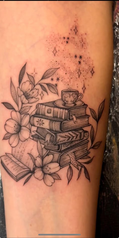 Dark Cottagecore Tattoo, Academic Tattoo, Birth Flower Bouquet Tattoo Placement, Cottagecore Mountain, Dark Academia Tattoo Ideas, Dark Academia Tattoos, Storybook Tattoo, Education Tattoo, Dark Academia Tattoo