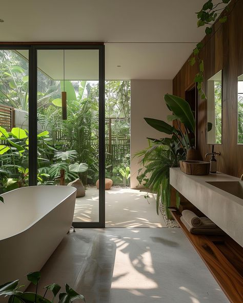 Brazilian Contemporary Architecture, Contemporary Tropical Architecture, Modern Tropical House Interior, Biophilia Interior Design, Tropical Contemporary House, Modern Tropical Interior, Bathroom Tropical, Tropical Houses Architecture, A Frame Cabin Plans