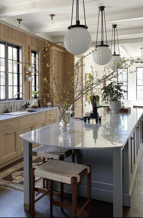 Kitchen Without Upper Cabinets, Kitchens Without Upper Cabinets, Jean Stoffer Design, No Upper Cabinets, Jean Stoffer, Grey Kitchen Island, Elegant Kitchen Design, Lots Of Windows, Eclectic Kitchen