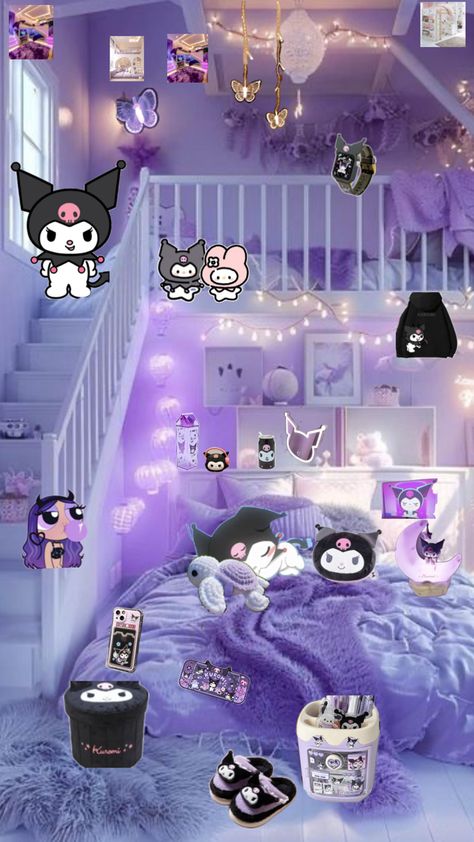 Pastel Goth Room, Sanrio Bedroom, Kuromi Room, Sanrio Room, Kawaii Room Ideas, Goth Bedroom, Cool Room Designs, Purple Rooms, Fun Vid