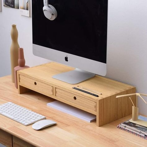 KIRIGEN Wooden Monitor Stand with 2 Drawers - Computer Arm Riser Desk Storage Organizer Speaker TV Laptop Printer Stand Natural: Amazon.de: Computer & Accessories Diy Monitor Stand, Wood Monitor Stand, Computer Riser, Desktop Shelf, Printer Stand, Diy Drawers, Computer Stand, Desktop Stand, Home Office Storage