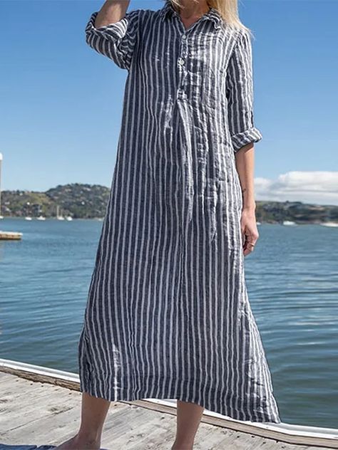 COTTON & LINEN Vacation Maxi Dress, Cotton Linen Dresses, Trends 2023, Spring Fabric, 2024 Trends, Shirt Dress Casual, Dress Cotton, Loose Style, Maxi Dress Blue