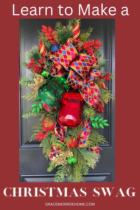 Christmas Swags For Front Door Diy, Christmas Swags Ideas Diy, Diy Swag, Christmas Wreath Designs, Front Door Swag, Diy Christmas Door, Holiday Swag, Jewel Ornaments, Christmas Door Decoration