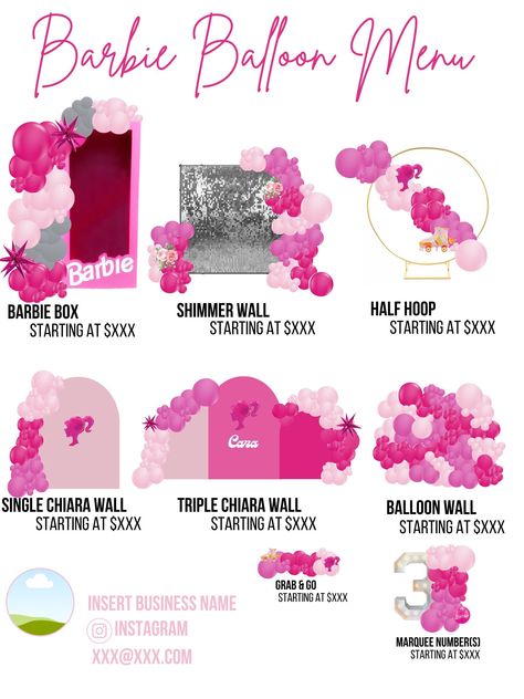 Balloon Menu ready for the 1000s of aesthetic barbie parties that are coming!! Barbie Balloon Garland, Barbie Balloons, Barbie Centerpieces, Barbie Decorations, Barbie Pool Party, Barbie Party Decorations, Barbie Theme Party, Barbie Box, Pool Birthday