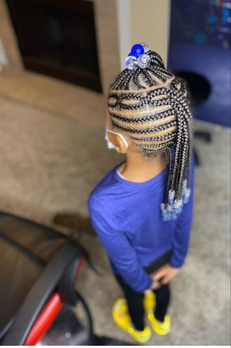 Girls Braided Ponytail Hairstyles Kids Black Kids, Three Ponytail Braids For Kids, Kid Feed In Braid Styles Ponytail, Quick Braided Hairstyles For Black Kids, Daughter Hairstyles Braids, Mohawk Braids For Black Girls For Kids, Toddler Braided Ponytail With Beads, Braiding Patterns, Girls Braided Hairstyles Kids