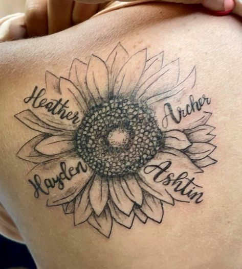 Sunflower Name Tattoos For Women, Sunflower With Names Tattoo, Sunflower And Heart Tattoo, Sunflower Tattoo With Kids Names, Sunflower With Name Tattoo, Sunflower Tattoo With Name, Grandkids Tattoo Ideas, Thigh Tattoo Quotes, Tattoo Kids