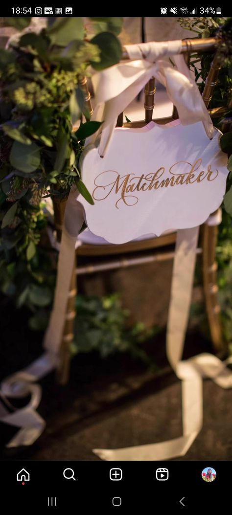 Wedding Matchmaker Chair, Matchmaker Sign Wedding, Matchmaker Seat At Wedding, Matchmaker Wedding, Wedding Chair Signs, Wedding Theme Ideas, Wedding Sash, Wedding Reception Ideas, Wedding Seating