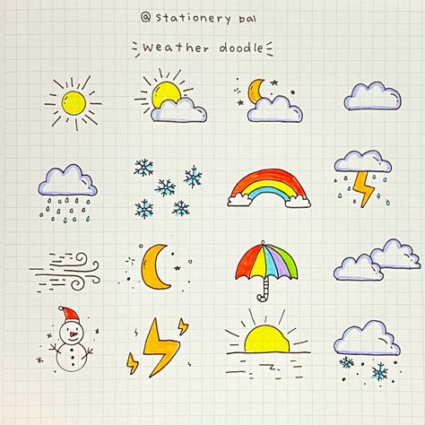 simple weather doodles for beginners . . . 🎈Get great deals for washi tapes, pens, brush pens, and much other stationery at our shop. Click the link in bio @stationerypal or visit stationerypal.com Doodle Art Designs For Beginners, Simple Doodle Ideas For Beginners, Doodles Beginners, Brush Pen Drawing Ideas For Beginners, Simple Journal Ideas For Beginners, How To Doodle For Beginners, Brush Pen Art Drawing Easy, Doodles For Beginners, Weather Doodles