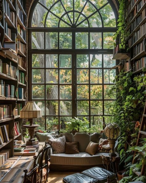 Home Library Two Story, Library Plants Aesthetic, Library Room With Ladder, Colorful Library Room, Storybook Homes Interior, Bohemian Library, Tower Library, Apartment Library, Dream House Library