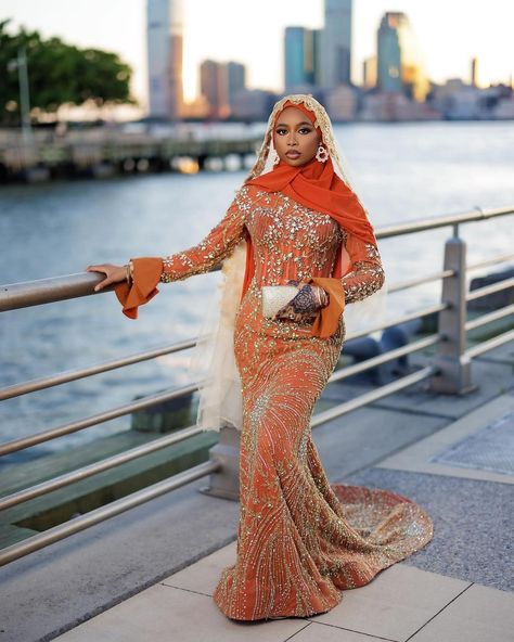 Hijabi Prom Dress, Eid Outfits African, Nikkah Ideas, Muslim Prom Dress, Hijabi Muslimah, Nikkah Outfit, Nigerian Outfits, Muslim Bridal, African Royalty