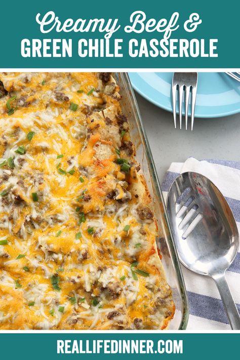 My new favorite dinner! This Creamy Beef and Green Chili Casserole is going to knock your socks off! #greenchilicasserole #beef #mexicanfood #mexican #cornchips #creamofchickensoup #cheese #familyfriendly #easy #weeknightdinner #dinnerideas #dinner ~ https://reallifedinner.com Beef Green Chili, Dinner Enchiladas, Green Chile Casserole, Enchiladas Beef, Green Chili Casserole, Chili Casserole, Green Chile Recipes, Green Chili Recipes, Ground Beef Chili