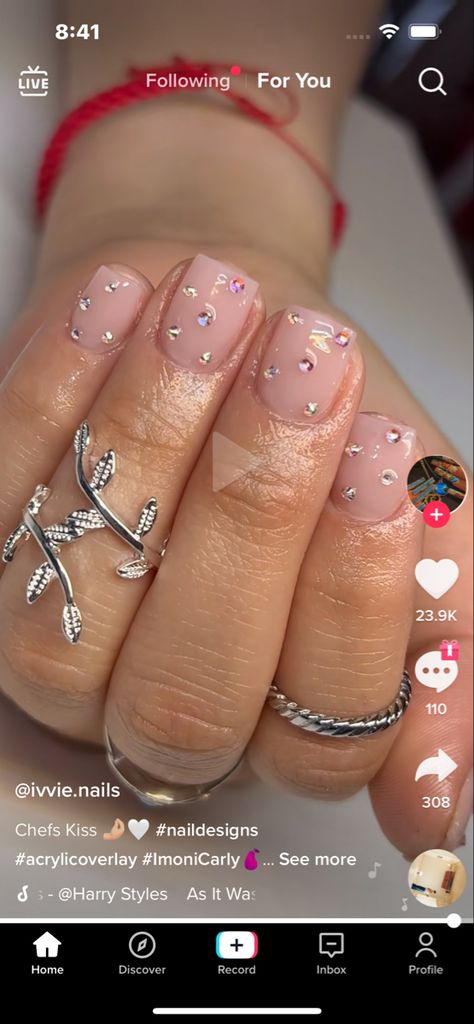 Nail Gems Short Nails, Jewels On Natural Nails, Nail Gem Designs Short Nails, Natural Nails With Bling, Acrylic Overlay Nails Short Designs, Short Square Nail Designs With Gems, Short Nail Gem Placement, Short Square Nails With Gems, Short Nails With Jewels