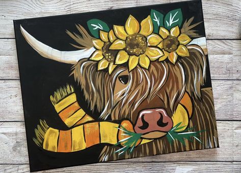 Fun Cow Paintings, Cow With Glasses Painting, Cow With Sunflowers, Cow Liver, Highland Cow Pictures, Cow With Sunflowers Painting, Sunflower Cow Tumbler, Highland Cow Painting, Highland Cow Canvas