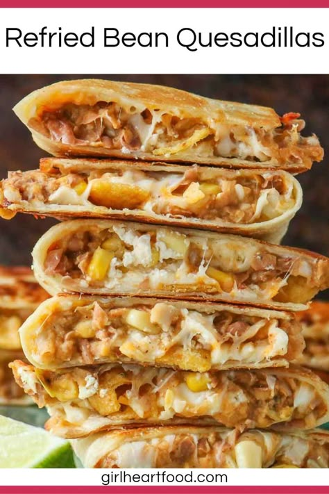 If you're looking for an easy quesadilla recipe, these refried bean quesadillas are delicious! There's lots of cheese, corn and chips for crunch. They make for a satisfying dinner any day of the week. #refriedbeanquesadillas #refriedbeanrecipe #quesadillaswithrefriedbeans #beanquesadillas #beanandcheesequesadilla #recipeusingrefriedbeans #quesadillarecipe Vegetarian Supper, Bean Quesadilla Recipes, Refried Beans Lunch Ideas, Refried Beans Quesadilla Recipes, Quesadilla Recipes Vegetarian, Quesadilla Recipes Beans, Meatless Quesadilla Recipes, Crimpit Recipe Ideas, Refried Beans Quesadilla